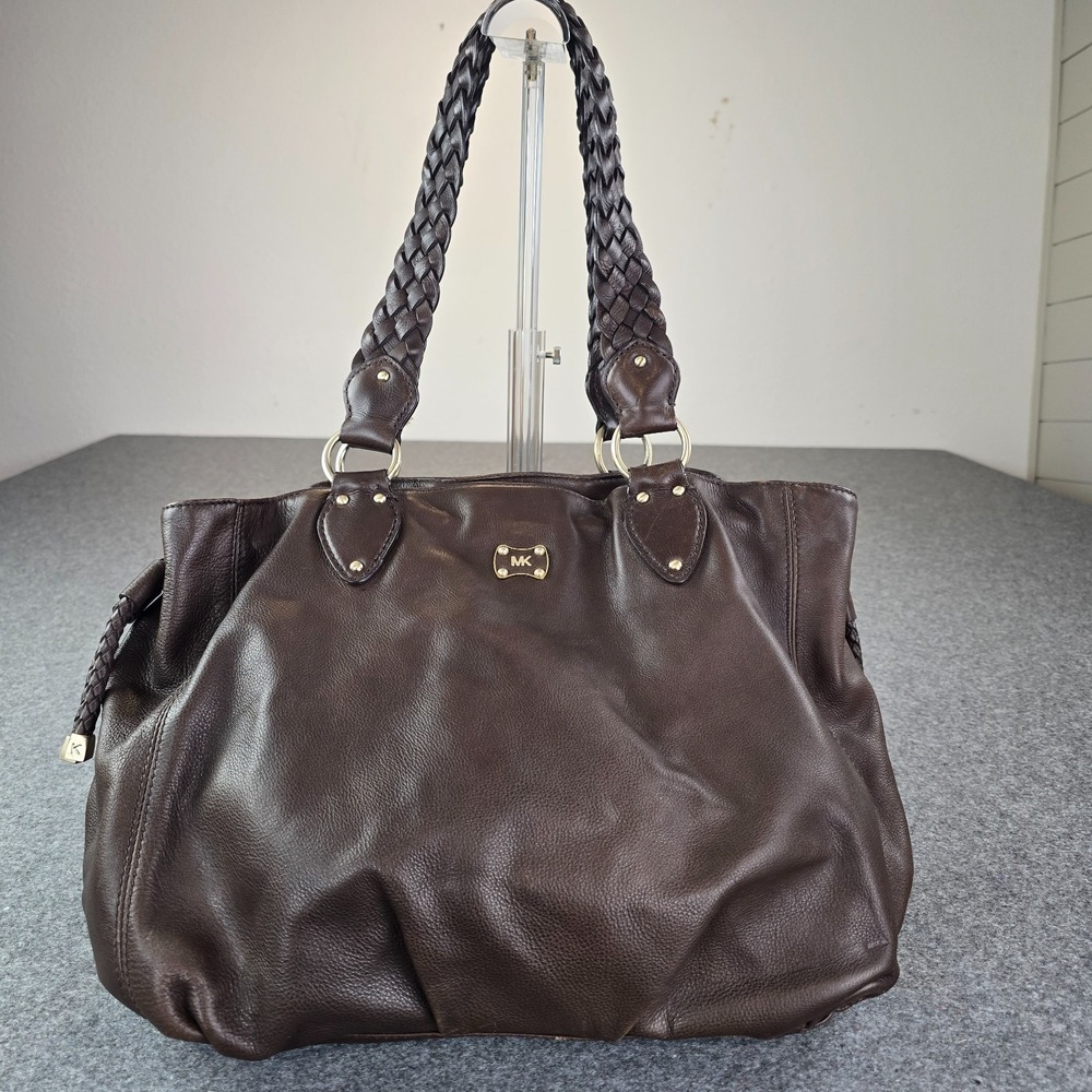 Michael Kors Women's Handbag Brown Leather Braided Handles Slouchy Hobo Bag